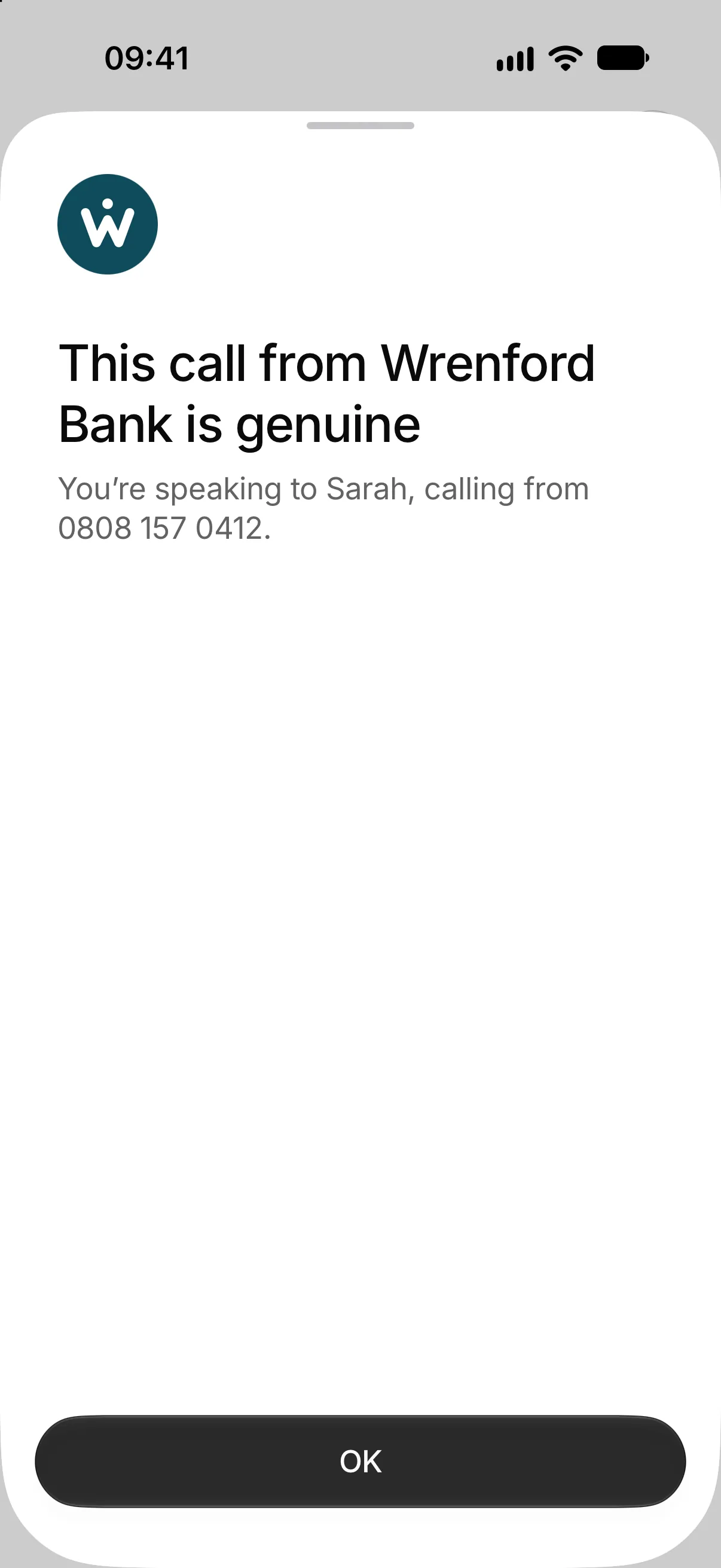 Check Twice’s sheet for a business call: This call from Wrenford Bank is genuine. You’re speaking to Sarah, calling from 0808 157 0412.