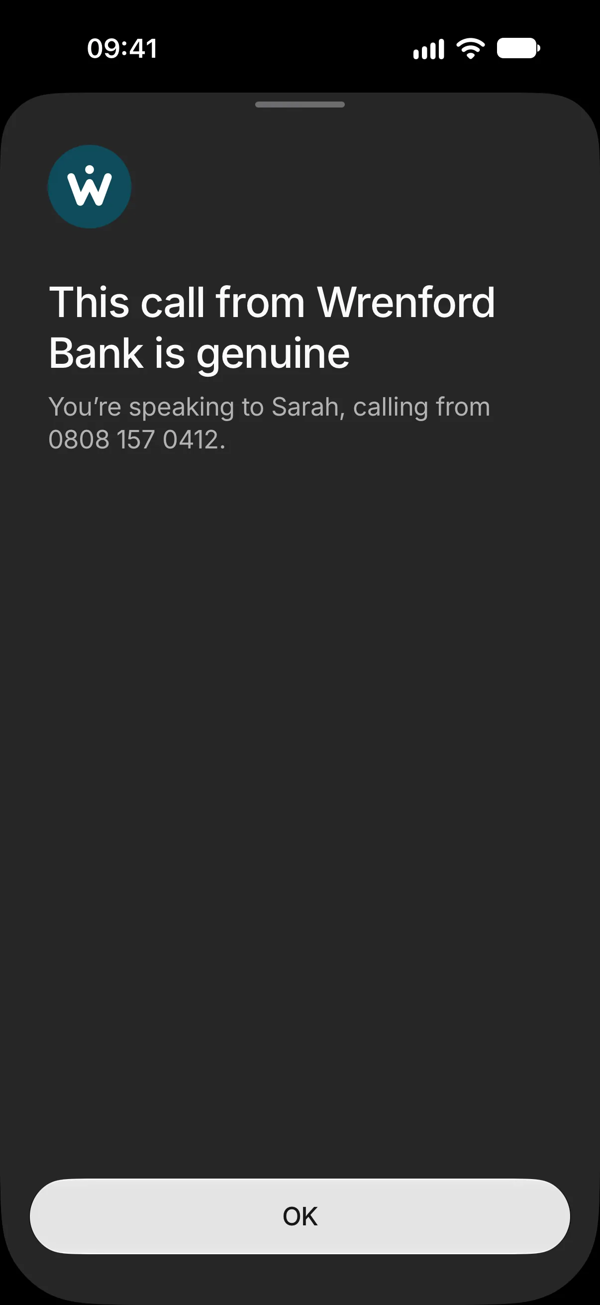 Check Twice’s sheet for a business call: This call from Wrenford Bank is genuine. You’re speaking to Sarah, calling from 0808 157 0412.
