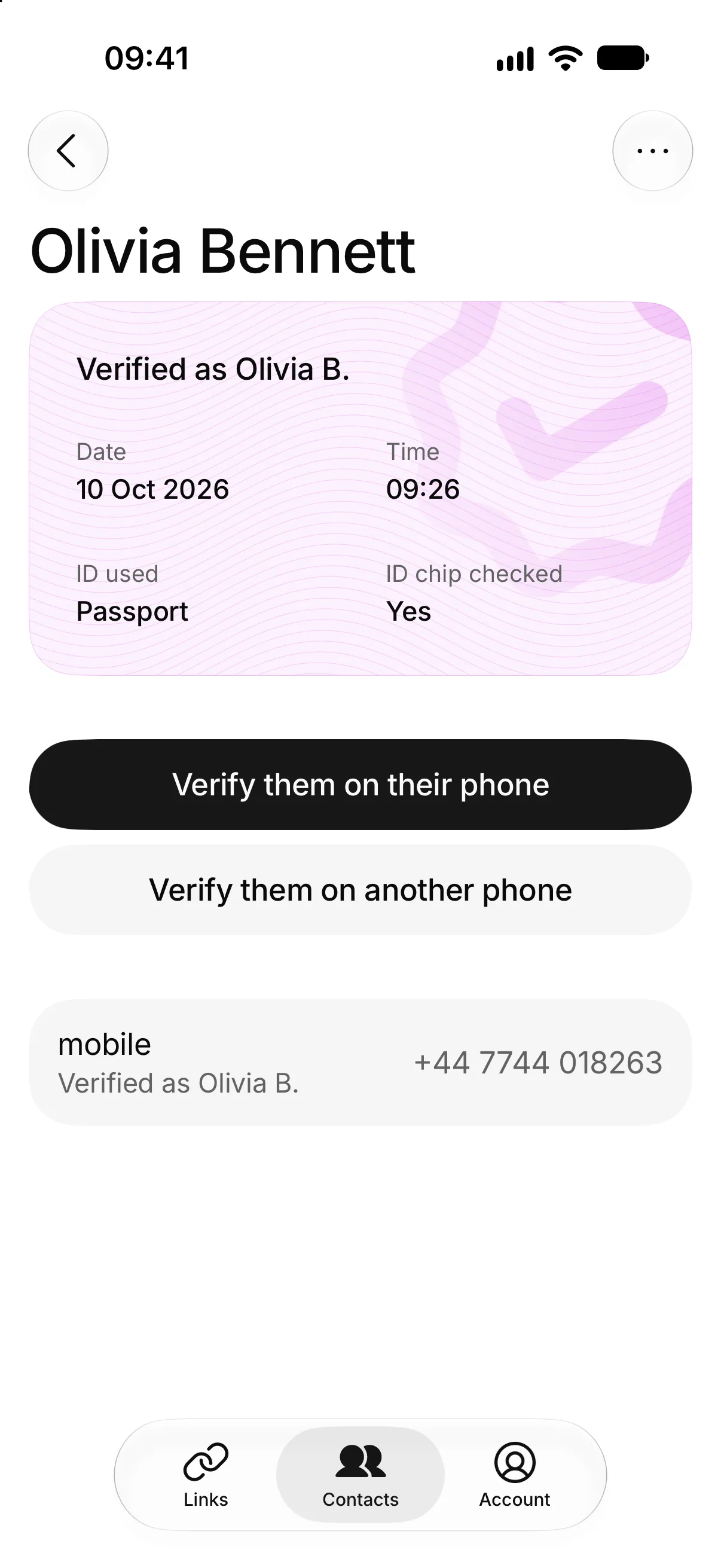 A contact’s page in Check Twice: Olivia Bennett, verified as Olivia B. with her passport, its chip checked