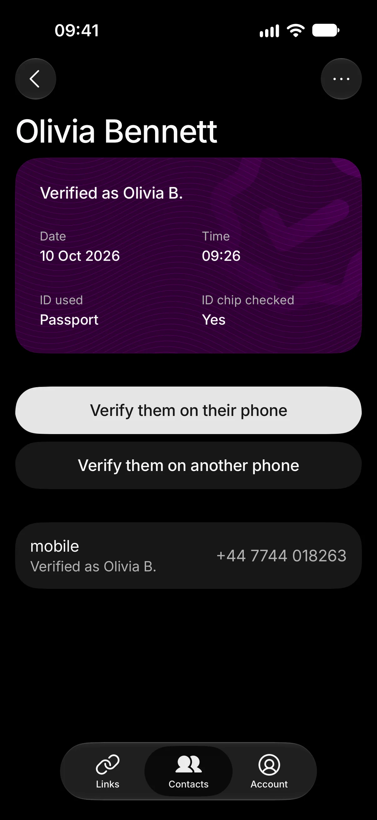 A contact’s page in Check Twice: Olivia Bennett, verified as Olivia B. with her passport, its chip checked