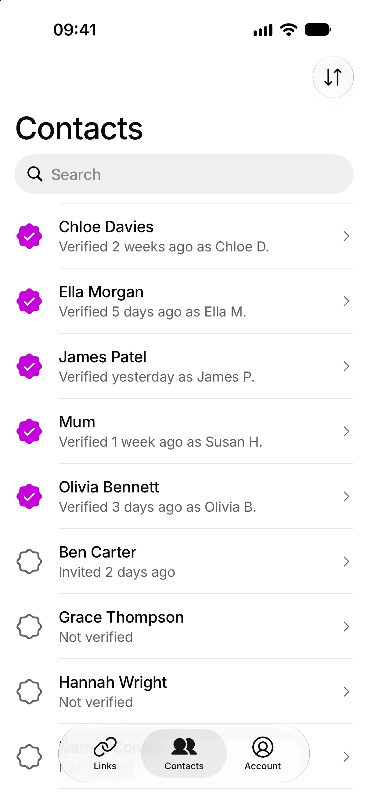 Check Twice’s Contacts page: Chloe Davies, Ella Morgan, James Patel, Mum and Olivia Bennett verified, Ben Carter invited, and Grace Thompson and Hannah Wright not verified