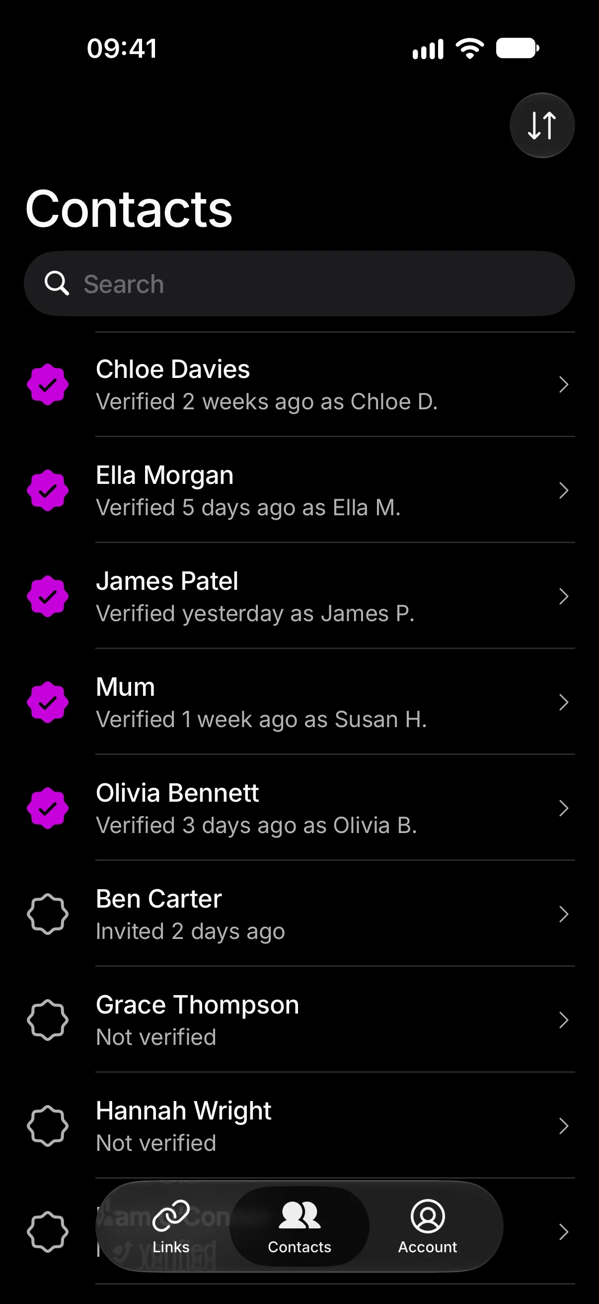 Check Twice’s Contacts page: Chloe Davies, Ella Morgan, James Patel, Mum and Olivia Bennett verified, Ben Carter invited, and Grace Thompson and Hannah Wright not verified