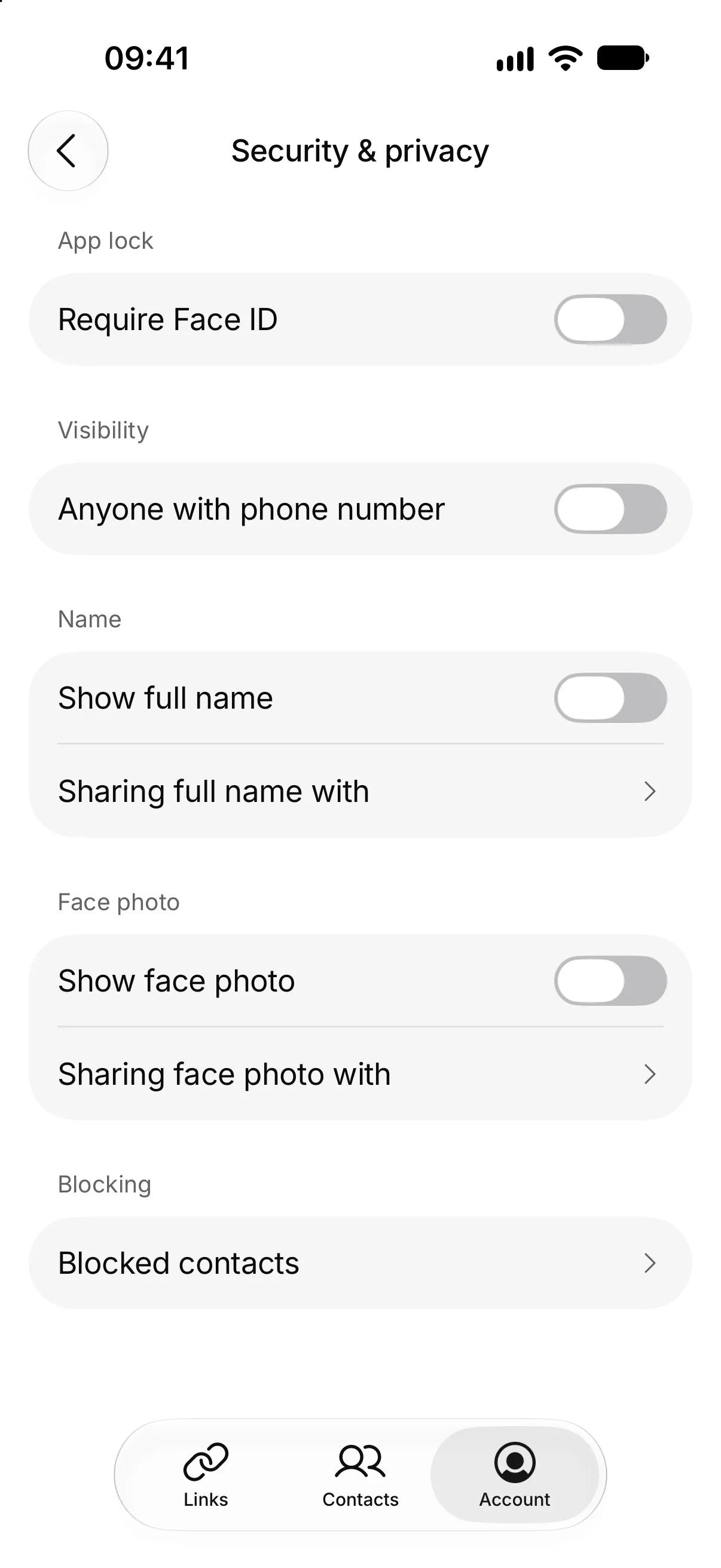 Check Twice’s Security & privacy page: Require Face ID, Anyone with phone number, Show full name and Show face photo, every one off