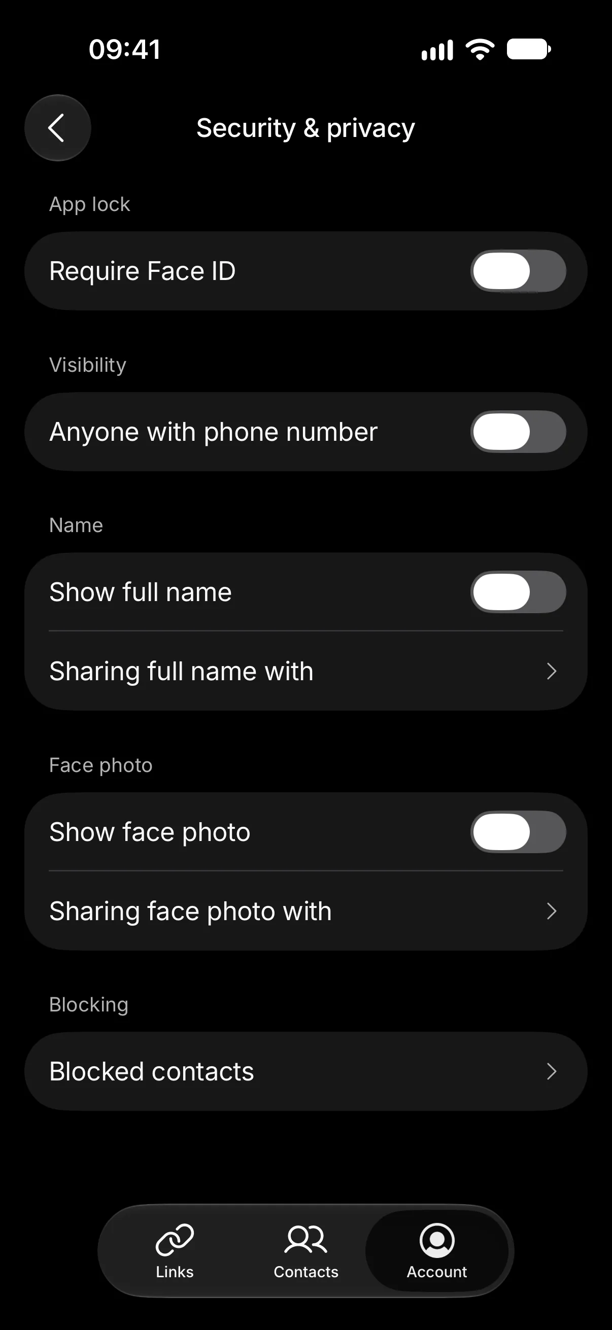 Check Twice’s Security & privacy page: Require Face ID, Anyone with phone number, Show full name and Show face photo, every one off